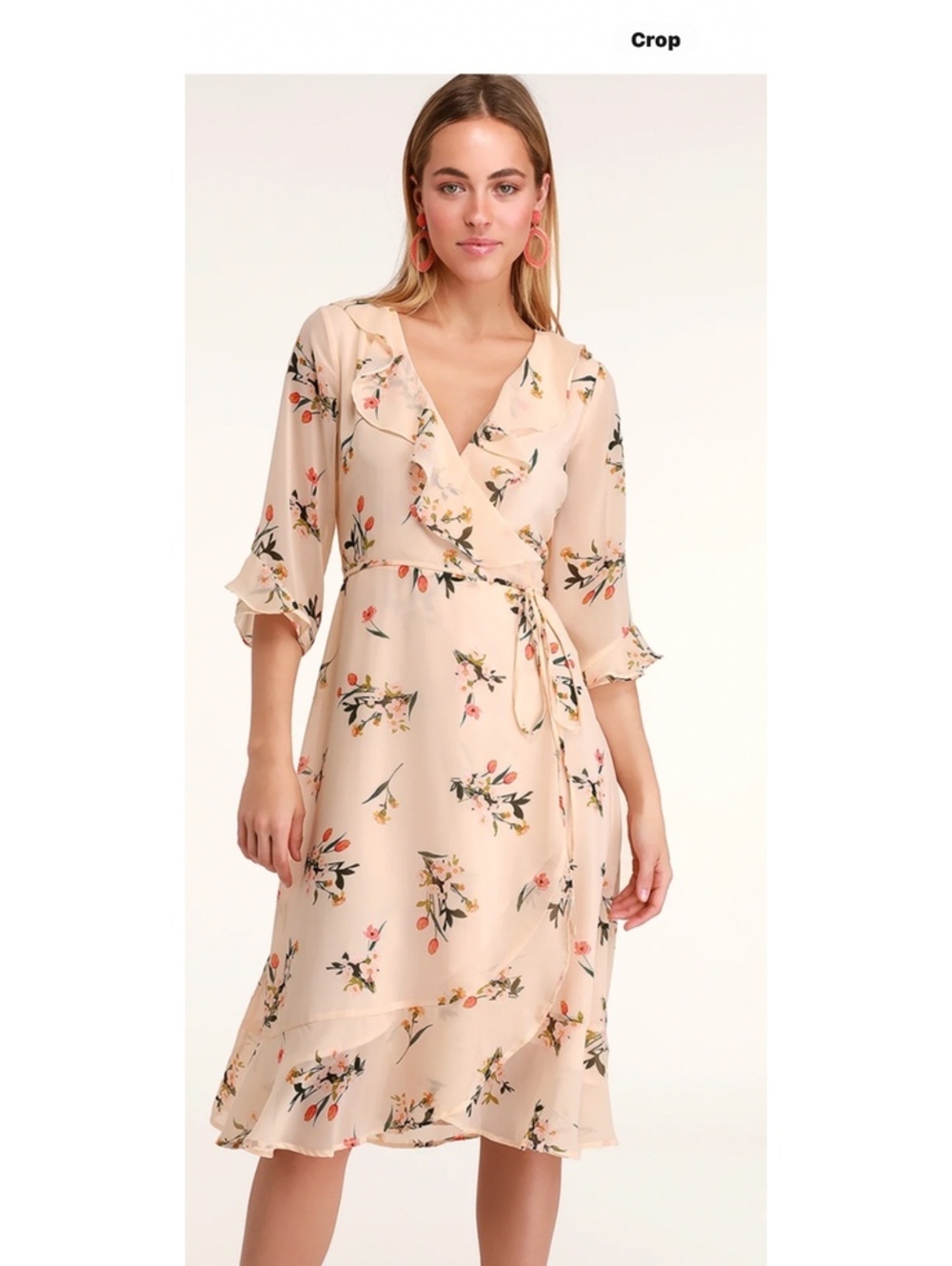 Lulus Love Song Blush Medium Floral Wrap MIDI Dress with Ruffle Detail